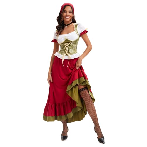 Felcia Oktoberfest-Kostüm für Damen, kurzärmeliges T-Shirt mit kontrastfarbenem Rock, Kopftuch, Halloween, Cosplay, Kostüm (A-Red, L) von Felcia