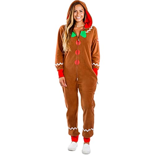 Felcia Unisex Weihnachten Lebkuchen-Kostüm mit Kapuze, langärmelig, Knöpfe, Schleife, Party, Cosplay, Overall für Jungen und Mädchen (A-Brown Mom, L) von Felcia