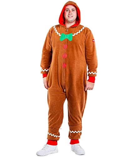 Felcia Unisex Weihnachten Lebkuchenkostüm mit Kapuze Langarm Knöpfe Schleife Party Cosplay Jumpsuit für Jungen Mädchen (A-Brown Dad, L) von Felcia