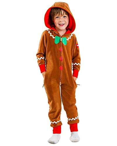 Felcia Unisex Weihnachten Lebkuchenkostüm mit Kapuze Langarm Knöpfe Schleife Party Cosplay Overall für Jungen Mädchen (A-Brown Kids, 11-12 Jahre) von Felcia