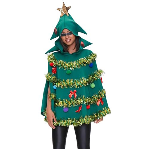 Felcia Weihnachtsbaum-Poncho-Kostüm für Erwachsene, niedlicher Schleife, Ball-Dekor, Kapuzenumhang, Umhang für Mottoparty, Cosplay-Kostüm (A-Grün, L) von Felcia