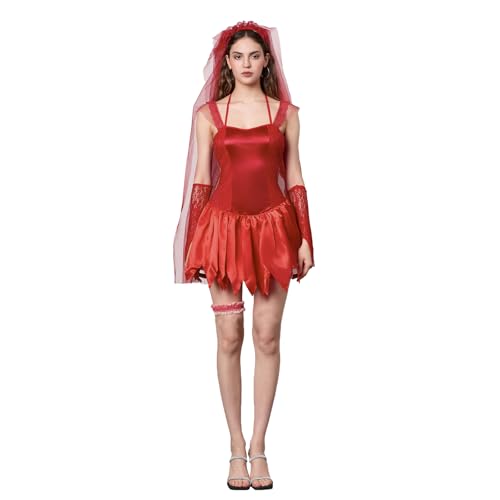 Felcia Zombie-Brautkostüm für Damen, Halloween-Kostüm, Faschingsparty, Minikleid mit Schleier, Armärmeln und Beinkreis, für Cosplay-Mottoparty (A-Red, XL) von Felcia