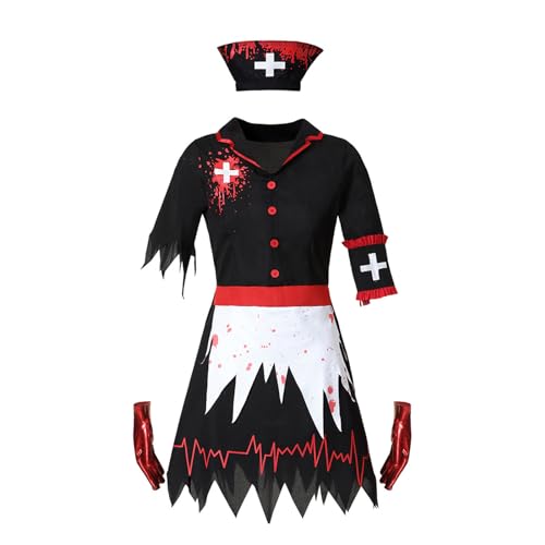 Felcia Zombie-Krankenschwester-Kostüm für Damen, blutiges Krankenschwester-Kleid mit Hut und Handschuhen, Horror-Zombie-Kostüm für Karneval, Cosplay-Party (A-Schwarz, L) von Felcia