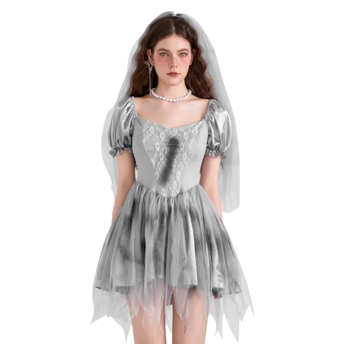 Felcia Zombiebrautkostüm für Damen, gruseliges Geisterbraut-Kostüm, kurzärmelig, Korsett, Minikleid mit Schleier für Halloween, Cosplay, Mottoparty (A-Grau, XL) von Felcia