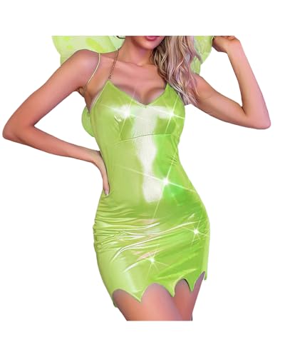 Frauen Halloween Elfe Minikleid Tinkerbell Waldfee Kostüm Efeu Pixie Prinzessin Cosplay Kleid mit Flügeln Party Rollenspiel Kleid (Grün A, S) von Felcia