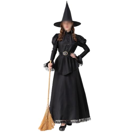 Halloween-Hexenkostüm für Damen, elegantes langes ausgestelltes Ärmel, Gürtel, Kleid mit Zaubererhut, Karneval, Mottoparty, Cosplay-Kostüm (A-Schwarz, L) von Felcia