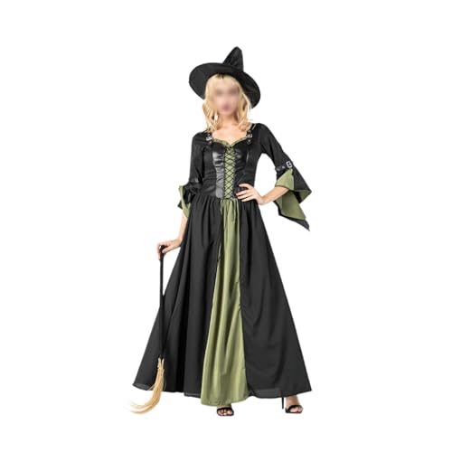 Halloween Hexenkostüm für Damen Deluxe Langes Kleid mit Hexenhut Sets für Karneval Mottoparty Cosplay (A-Grün, Einheitsgröße) von Felcia