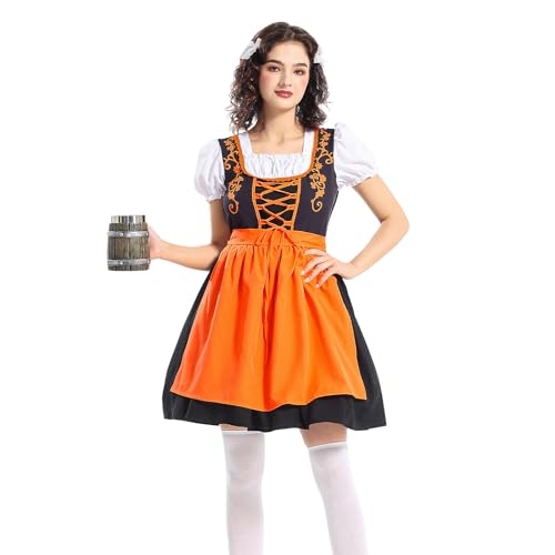 Halloween-Kostüme für Damen, Puffärmel, schmale Passform, kurzes Kleid mit Schürze, Cosplay-Kostüm für Bierfest (A-Orange, L) von Felcia