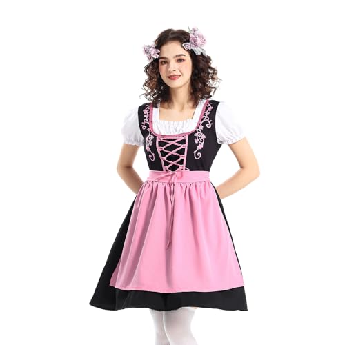 Halloween-Kostüme für Damen, Puffärmel, schmale Passform, kurzes Kleid mit Schürze, Cosplay-Kostüm für Bierfest (A-Pink, L) von Felcia