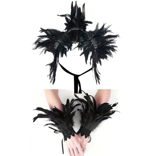 Halloween Kostüme für Erwachsene Damen Retro Gothic realistischer Federumhang mit Armband für Karnevals Bühnenauftritte (A-Black, One Size) von Felcia