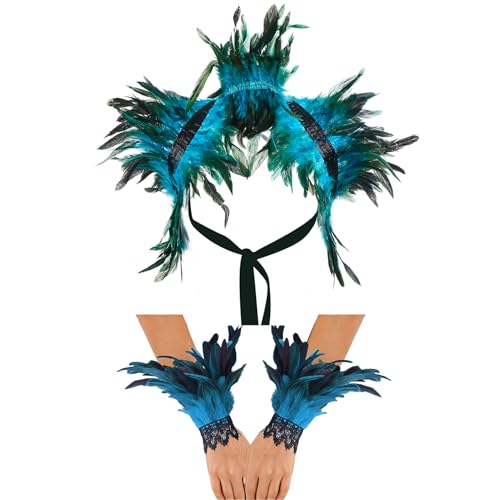 Halloween Kostüme für Erwachsene Damen Retro Gothic realistischer Federumhang mit Armband für Karnevals Bühnenauftritte (A-Blue, One Size) von Felcia