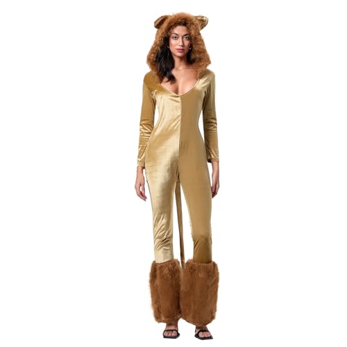 Halloween-Löwen-Kostüm für Damen, Deluxe, Dschungel, pelziger Löwe, Overall, Tierkostüm (Gold, XL) von Felcia