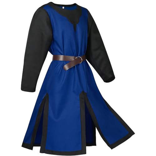 Herren Mittelalter Kostüm Renaissance Templer Wikinger Tunika Vintage Piraten Kostüm mit Gürtel für Cosplay Mottoparty (A-Blue, L) von Felcia