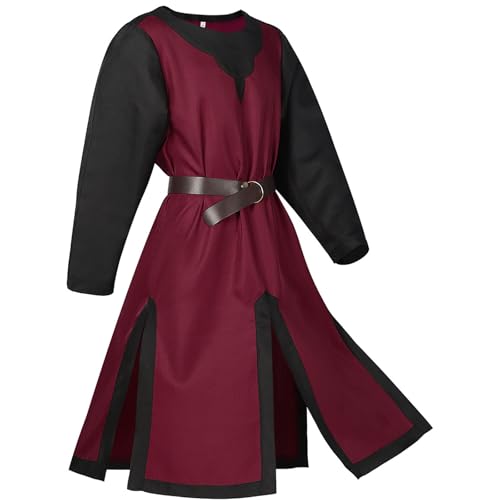 Herren Mittelalter Kostüm Renaissance Templer Wikinger Tunika Vintage Piraten Kostüm mit Gürtel für Cosplay Mottoparty (A-Red, XL) von Felcia