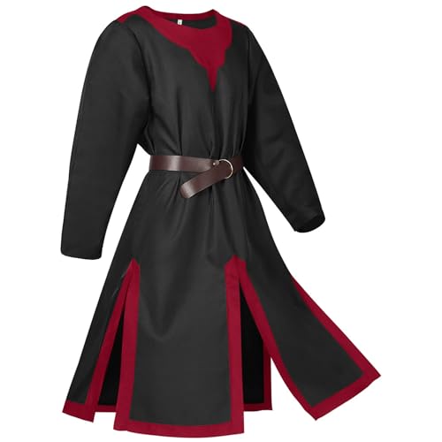 Herren Mittelalter Kostüm Renaissance Templer Wikinger Tunika Vintage Piraten Kostüm mit Gürtel für Cosplay Mottoparty (A-Schwarz, XL) von Felcia