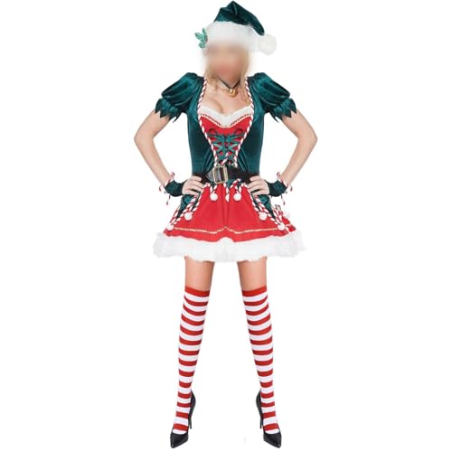 Weihnachtselfenkostüm für Damen, kurzärmelig, Plüsch, Patchwork, A-Linie, Kleid mit Gürtel, Hut, gestreifter Strumpf Xmas Cosplay Kostüm (A-Armeegrün, M) von Felcia