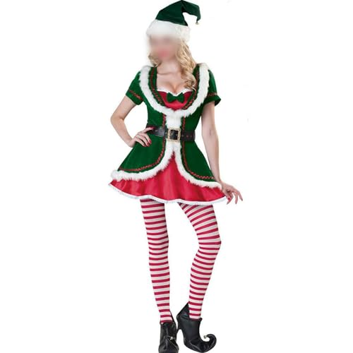 Weihnachtselfenkostüm für Damen, kurzärmelig, Plüsch, Patchwork, A-Linie, Kleid mit Gürtel, Hut, gestreifter Strumpf Xmas Cosplay Kostüm (A-Grün, XXL) von Felcia