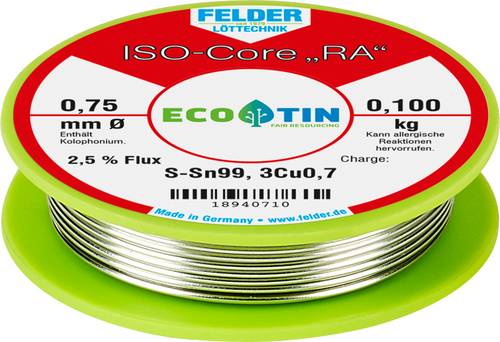 Felder ISO-Core  RA  Sn99Cu1 Lötzinn, bleifrei Spule Sn99,3Cu0,7 0.100kg 0.75mm von Felder