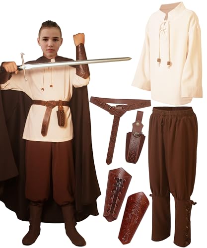 Mittelalterliches Renaissance-Kostüm-Set für Jungen, Wikingerzubehör, Verkleidung für Halloween, beige Tops, braune Hosen, Größe XL von Feliardin