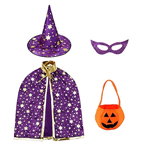 Feliciay Kinder Halloween Kostüm, Zauberer-Umhang, Hexenumhang mit Hut und Kürbis-Süßigkeitsbeutel, mit Halloween Brillen Requisiten, Kinder-Rollenspiel-Kostüme, Halloween Dressing Set(Lila) von Feliciay