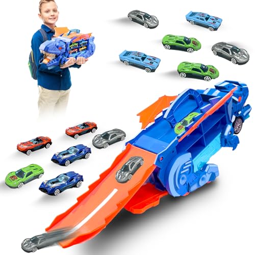 Felicify Autotransporter Spielzeug, Dino Transporter, Dinosaurier Transporter LKW mit 12 Auto Spielzeug, Tragbares Dinosaurier Truck, Auto Spielzeug für Kinder (Blau) von Felicify