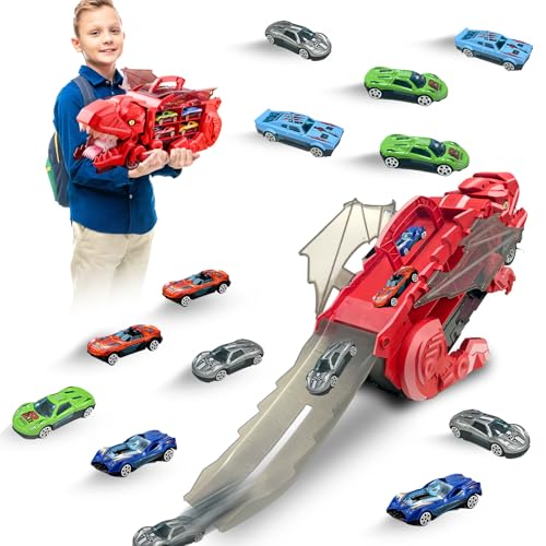 Felicify Autotransporter Spielzeug, Dino Transporter, Dinosaurier Transporter LKW mit 12 Auto Spielzeug, Tragbares Dinosaurier Truck, Auto Spielzeug für Kinder (Rot) von Felicify