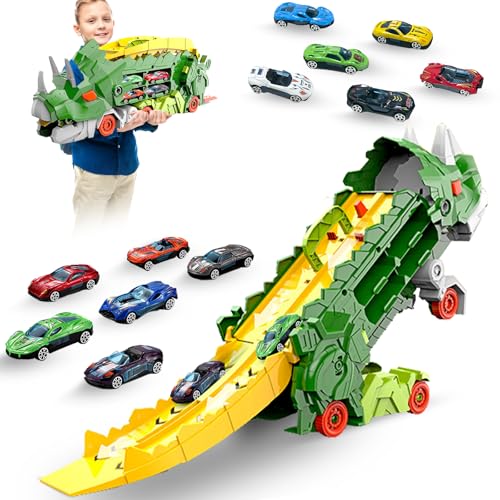 Felicify Autotransporter Spielzeug, Dino Transporter, Dinosaurier Transporter LKW mit 12 Auto Spielzeug, Tragbares Dinosaurier Truck, Auto Spielzeug für Kinder (Triceratops) von Felicify