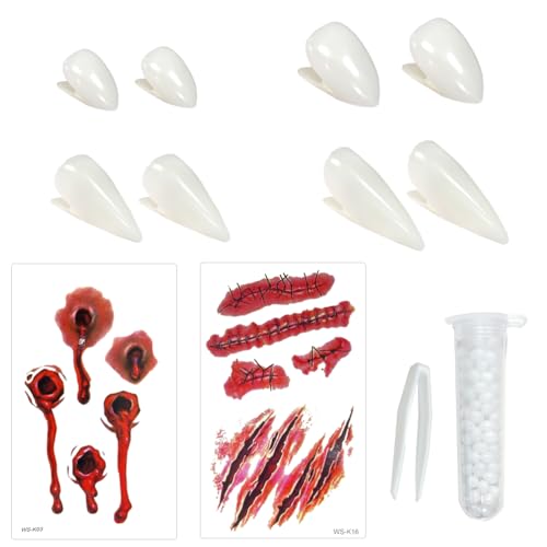 Felicify Vampir Zähne, 4 Paar Halloween Vampirzähne, mit Zähne Pellets Klebstoff, 4 Größen Vampir Fangs Kit, Vampire Gebiss, Vampire Teeth, für Halloween Cosplay Party Requisiten von Felicify