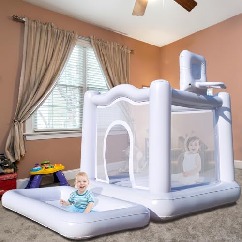 White Bounce House Kinder Bällebad Bounce House mit elektrischer Pumpe Kinderpool Geeignet für 3-7 Jahre alte Kinder Indoor oder Outdoor Spielplatz Aufblasbares Schloss Kommerzielles PVC-Material von Felizhus