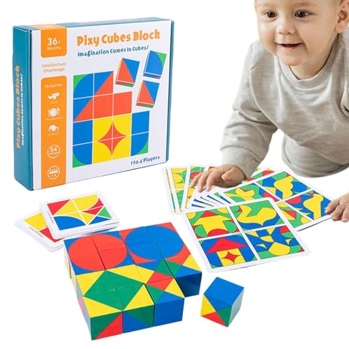 Holzwürfelpuzzle, Würfelblockpuzzle, Holzbau-Würfelblöcke, Puzzle-Spielzeug, Lernspielzeug für Kinder, frühpädagogisches Lernspielzeug für Jungen, Mädchen, Kinder, Kleinkinder 20x18x4 cm von Fellflying