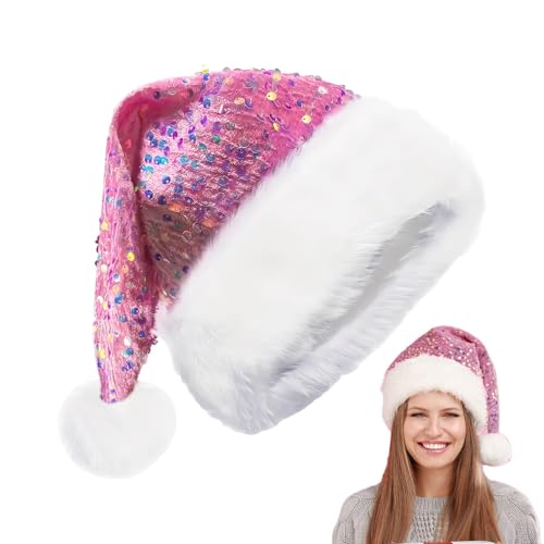 Weihnachtsmannmütze Mit Pailletten, Rosa Weihnachtsmütze Für Erwachsene, Glänzende Weihnachtsmütze, Luxuriöse Weihnachtsmütze Aus Plüsch Mit Pompom, Weihnachtskopfbedeckung Für Männer Und Frauen von Fellflying