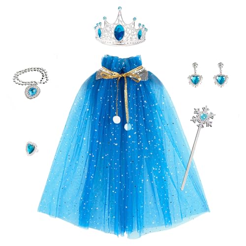 Felly 6 Stück Prinzessin Umhang Kinder Kostüm Mädchen Fee Cape mit Krone Zauberstab, Ohrringe, Ring und Halskette Schmuck Set Kinder-Party-Geburtstags-Outfits für Mädchen im Alter von 3–8 Jahren von Felly