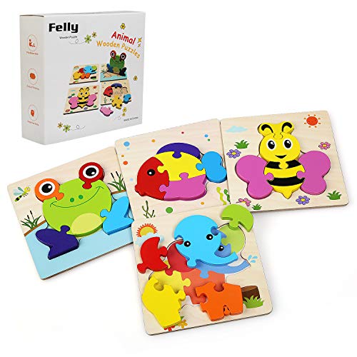 Felly Holzpuzzle Baby, Montessori Spielzeug, 4 Stück Holzspielzeug ab 1 2 3 Jahren, Steckpuzzle Holz Spielzeug Jungs Mädchen, Lernspielzeug Puzzle Kleinkind Geburtstag Weihnachten Geschenk für Kinder von Felly