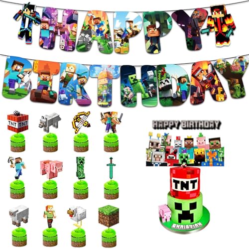 14Pcs Pixel Gamer Tortendeko, Miner Gamer Geburtstagsdeko, Happy Birthday Banner, Muffin Deko, Geburtstag Deko, Thema Party Zubehör, Kindergeburtstag Deko für Kinder Jungen Geburtstagsfeier Spiel von Felwsrel