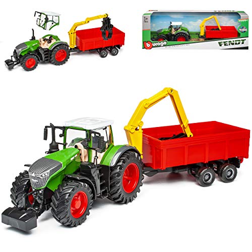 Fendt 1000 Vario 1050 Traktor Grün mit Anhänger mit Greifarm und Schwungradmotor Ab 2015 1/43 Bburago Modell Auto mit individiuellem Wunschkennzeichen von Fendt