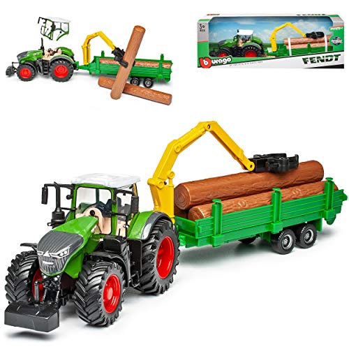 Fendt 1000 Vario 1050 Traktor Grün mit Anhänger mit beweglichem Holzgreifarm und Schwungradmotor Ab 2015 1/43 Bburago Modell Auto mit individiuellem Wunschkennzeichen von Fendt