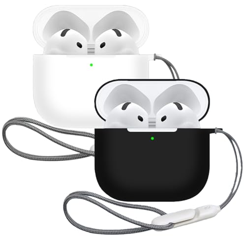 Fenmaru 2PCS Silikonhülle kompatibel mit AirPods 4 (2024), Silikon Cover Case Schutzhülle Mit verschließbarem Schlüsselband für AirPods 4 Kopfhörer (Schwarz+Weiß) von Fenmaru