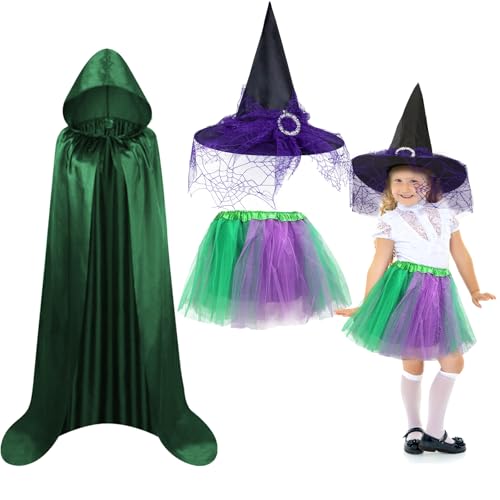 Fennoral 3tlg Hexenkostüm Kinder Halloween Hexen Kostüm mit Grün Hexenrock Dunkelgrün Zauberer Umhang Hexenhut Hexen Zauberer Cosplay Kinderkostüm Zubehör für Mädchen Halloween Karneval Hexennacht von Fennoral