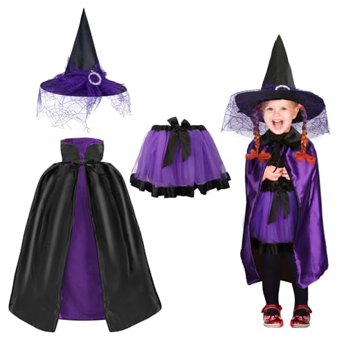 Fennoral 3tlg Hexenkostüm Kinder Halloween Hexen Kostüm mit Lila Hexenrock Schwarz Zauberer Umhang Hexenhut Hexen Zauberer Cosplay Kinderkostüm Zubehör für Mädchen Halloween Karneval Hexennacht von Fennoral