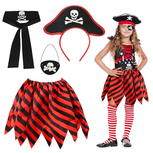 Fennoral 4tlg Piratenkostüm Kinder Mädchen Piraten Kinderkostüm mit Pirat Tutu Rock Augenklappe Haarreife Belt Piratenparty Zubehör für Halloween Karneval Verkleidung Cosplay Rollenspiel Fasching von Fennoral