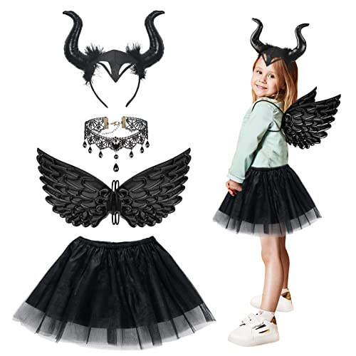 Fennoral 4TLG Karneval Teufel Kinder Böse Königin Hörner Haarreif mit Dunkler Teufelsflügel Spitzenhalskette Tutu Cosplay Kostüm für Fasching Halloween Maskerade Rollenspiele von Fennoral