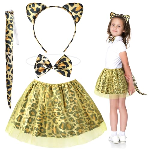 Fennoral 4tlg Leoparden Kostüm Kinder Leopard Tüllrock mit Leopardenohren Haarreif Schwanz Fliege Jaguar Cosplay Tierkostüm Kinderkostüm für Mädchen Karneval Halloween Fasching Mottoparty von Fennoral