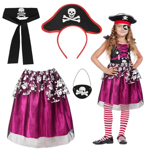 Fennoral 4tlg Piratenkostüm Kinder Mädchen Piraten Kinderkostüm mit Pirat Tutu Rock Augenklappe Haarreife Belt Piratenparty Zubehör für Halloween Karneval Verkleidung Cosplay Rollenspiel Fasching-Rosa von Fennoral