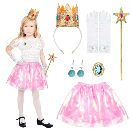 Fennoral 6 Stück Prinzessin Peach Kostüm Kinder Rosa Peach Tüllrock mit Krone Ohrringen Handschuhen Brosche Zauberstab Peach Cosplay Kinderkostüm für Princess Peach Showtime an Karneval Halloween von Fennoral