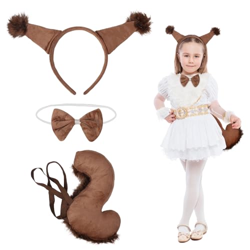 Fennoral 3tlg Eichhörnchen Kostüm Kinder Herbsttiere Kinderkostüm mit Eichhörnchen Stirnband Fliege Schwanz Waldtiere Dschungel Tierkostüm Cosplay Zubehör für Junge Mädchen Halloween Karneval von Fennoral