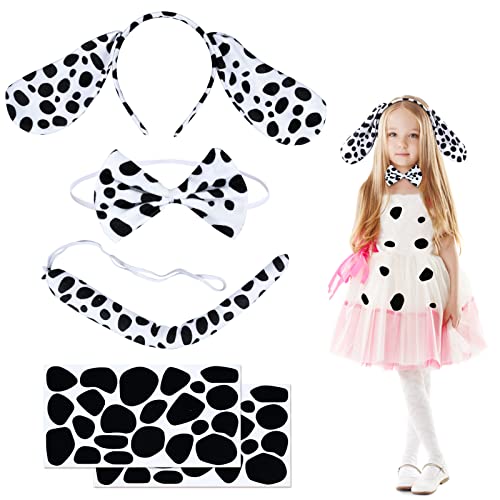 Fennoral 5tlg Kinder Hund Ohren Stirnband Gefleckte Hundeohren Haarband Schwanz Fliege mit Aufkleber Dalmatiner Spotty Tierkostüm für Kindergeburtstag Karneval Fasching Cosplay Party Zubehör von Fennoral