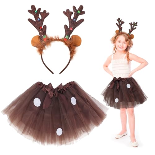 Fennoral Rentier Kostüm Mädchen Weihnachtskostüm Kinder Reh Weihnachten Kinderkostüm mit Braun Tutu Rock und reindeer Haarreif Elch Cosplay Tierkostüm für Kinder Weihnachten Karneval von Fennoral