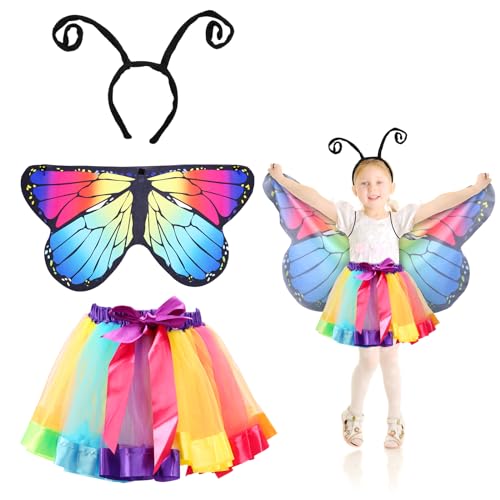 Fennoral 3tlg Schmetterling Kostüm Kinder Schmetterlingsflügel mit Regenbogen Tutu Rock Haarreif Schmetterling Umhang Fee Cosplay Kinderkostüm Tierkostüm für Mädchen Karneval Halloween Fasching von Fennoral