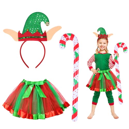 Fennoral 3tlg Weihnachtself Kostüm Mädchen Weihnachten Elf Kinderkostüm mit Grün Rot Tutu Rock Haarreif Zuckerstange Wichtel Weihnachtskostüm Weihnachtself Cosplay Kostüm Zubehör für Weihnachtsparty von Fennoral