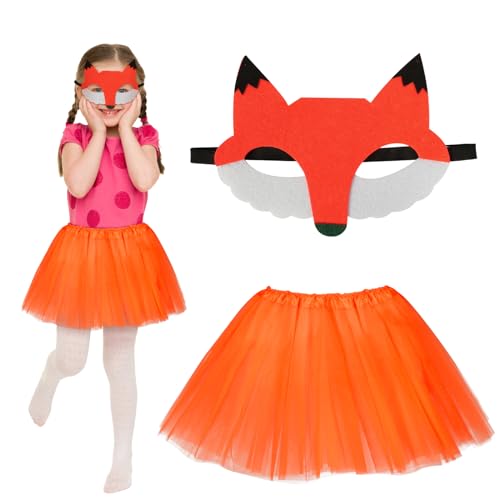 Fennoral 2tlg Fuchs Kostüm Mädchen Orange Tutu Rock mit Fuchs Maske Fox Cosplay Tierkostüm Waldtier Kinderkostüm für Karneval Halloween Fasching Mottoparty Kindergeburtstag von Fennoral